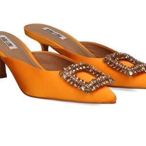 Anthropologie Bibi Lou Bright Orange Embellished Heels - size 7.
